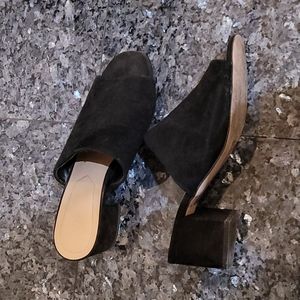 Black genuine suede block heel mules